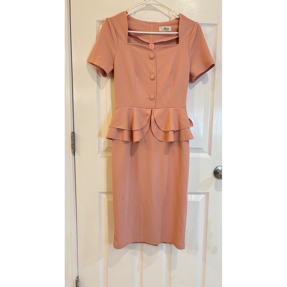 Aisize Vintage Peach Peplum Dress Square Neck‎ Short Sleeve Fitted Elegant